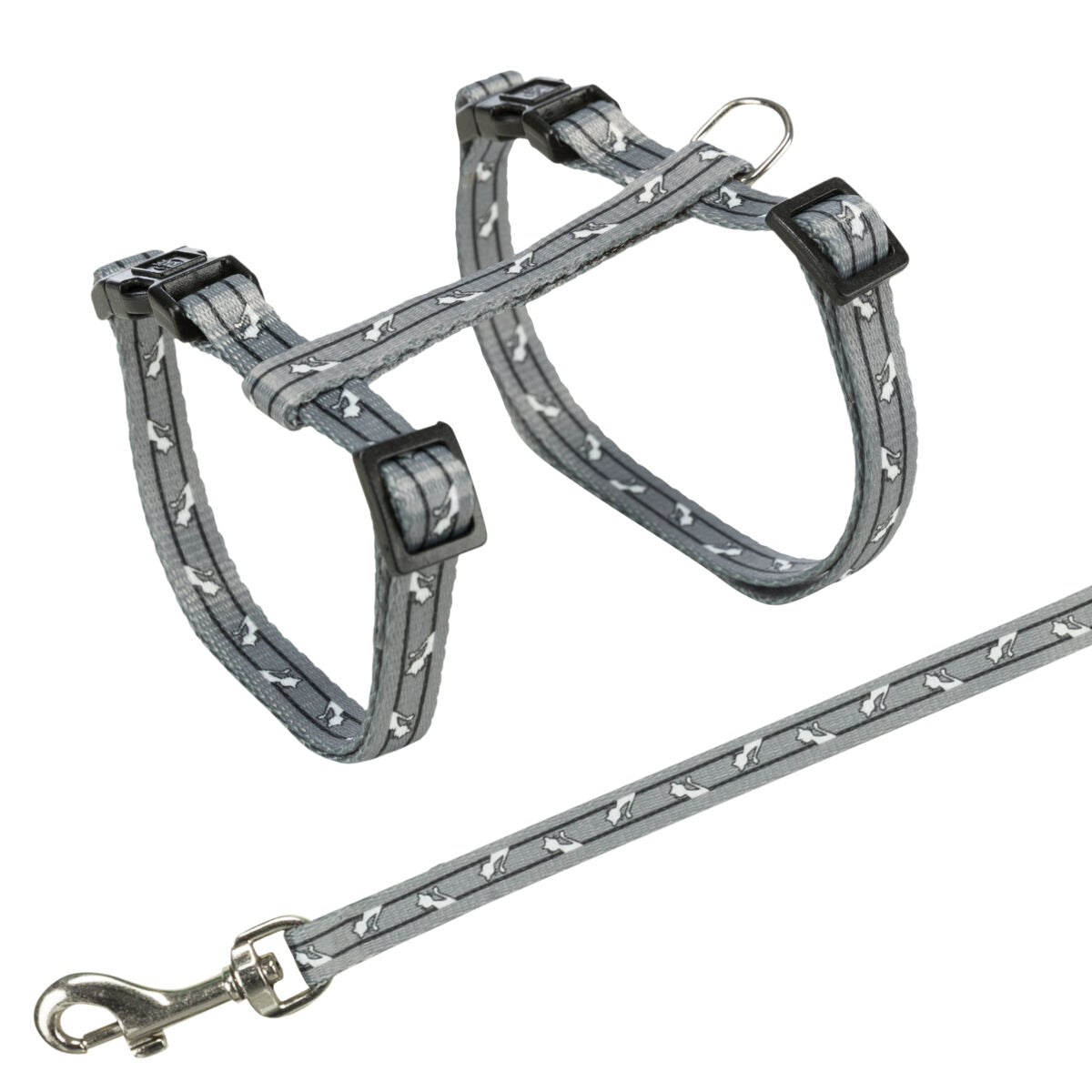 Graues verstellbares Hundegeschirr mit weißem Knochendruckmuster und silbernem Karabinerhaken.