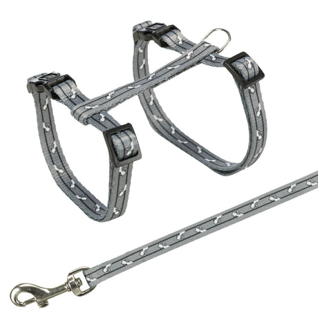 Graues verstellbares Hundegeschirr mit weißem Knochendruckmuster und silbernem Karabinerhaken.