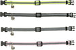 Vier reflektierende Halsbänder in Gelb, Schwarz, Grau und Rosa mit Klickverschluss und Glöckchen.