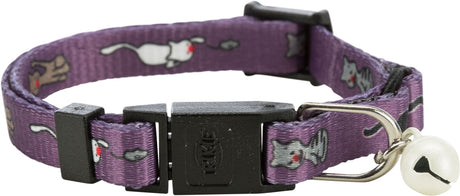 Lila Katzehalsband mit schwarzem Verschluss, Katzendesign und kleiner weißer Glocke am Ring.