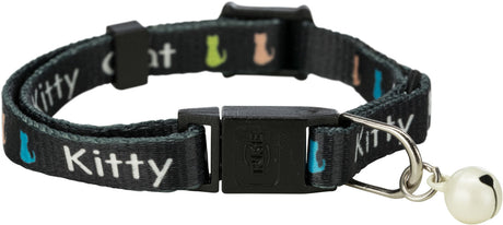 Dunkles Halsband mit Aufschrift "Kitty", bunten Katzenmotiven, Kunststoffschnalle und kleiner Glocke.
