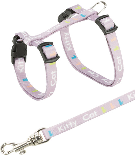 Lila Katzen-Geschirr mit der Aufschrift "Kitty Cat" und farbigen Symbolen, verstellbare Gurte, schwarze Verschlüsse, Leine mit Haken.
