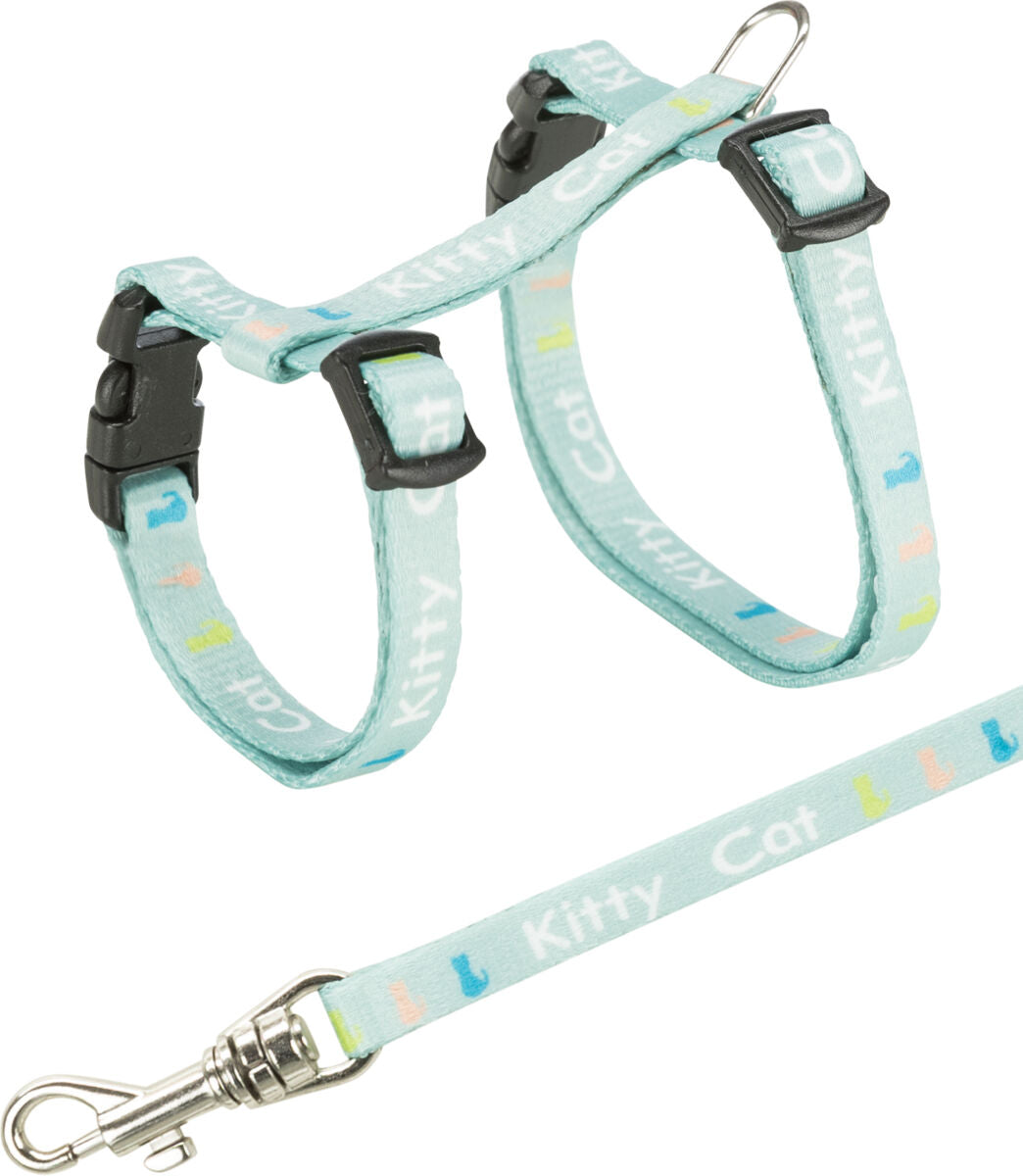 Mintgrüne Katzengarnitur mit Text "Kitty Cat" in Weiß und bunten Katzenmotiven, mit schwarzen Schnallen und silbernem Karabiner.