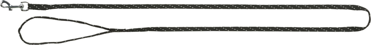 Schwarze Hundeleine mit weißen Punkten, Metallschnalle links, Schlaufe rechts, einfache Ausführung.