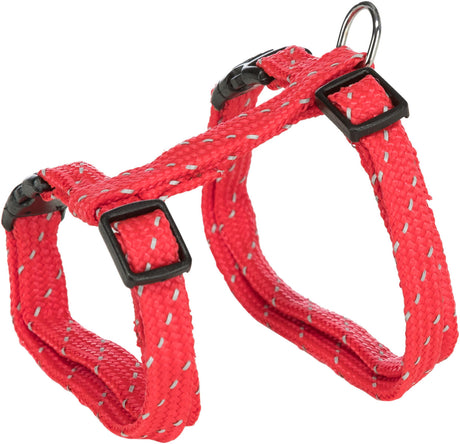 Rotes verstellbares Geschirr mit reflektierenden Details und schwarzen Schnallen, geeignet für kleine Tiere.