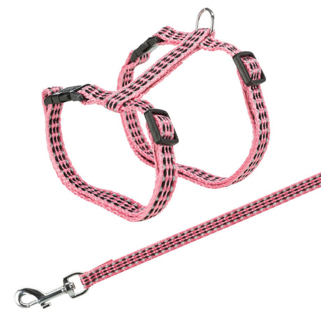 Pink-schwarzes Geschirr mit passender Leine, verstellbaren Schnallen und Metallring, geeignet für Haustiere.