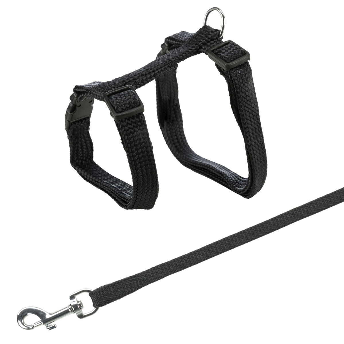Schwarzes Geschirr mit verstellbaren Gurten, D-Ring und einem passenden Karabiner am Ende einer Leine.