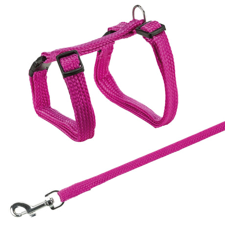 Rosa Hundegeschirr mit verstellbaren Riemen und Metallverschluss, inklusive passender Leine mit Clip.
