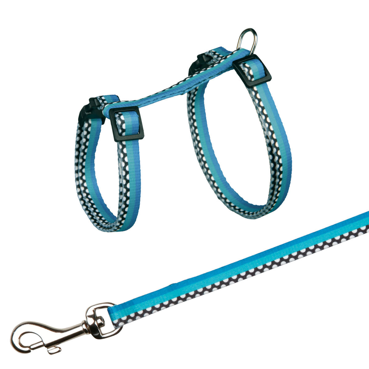 Blaues Geschirr und passende Leine mit schwarzem und weißem Muster, Metallclip an der Leine.
