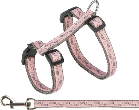 Rosa Hundegeschirr mit schwarzen Schnallen und grauen Kanten, dekoriert mit Katzenmustern, inklusive silbernem Karabinerhaken.