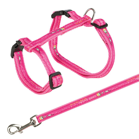 Pinkes Geschirr und Leine mit Aufschrift "GOOD LUCK" und kleinen bunten Motiven, schwarzer Verschluss, Metallhaken.