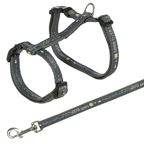 Graues Hundegeschirr mit passender Leine und Schriftzug "Good Luck" in gelb und weiß auf dem Band.