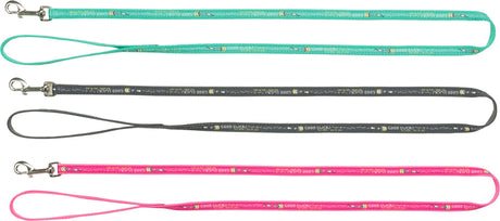 Drei unterschiedlich farbige Leinen mit Karabinerhaken, Aufschrift "GOOD LUCK" in Türkis, Grau und Pink.