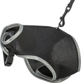 Schwarzes, atmungsaktives Hundegeschirr mit grauem Rand und Sicherheitsverschluss, befestigt an einem Karabiner.