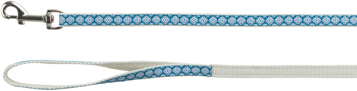 Hundeleine mit blau-weißem geometrischen Muster, Metallschnalle und Schlaufe.