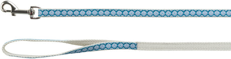 Hundeleine mit blau-weißem geometrischen Muster, Metallschnalle und Schlaufe.