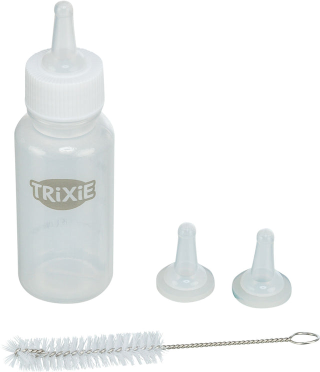 Transparente Flasche mit Aufschrift "Trixie", zwei weiße Sauger und eine weiße Reinigungsbürste.