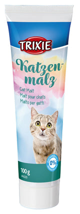 Eine Tube Katzenmalz mit einem Katzenbild und mehrsprachigem Text auf einem farbenfrohen Hintergrund, 100 g, zuckerfrei.