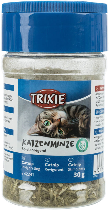 Kunststoffdose mit blauem Deckel, enthält 30g Katzenminze, auf dem Etikett eine Katze und der Text "TRIXIE".