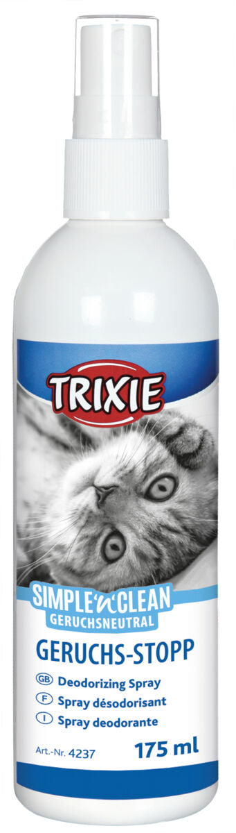 Sprühflasche mit "Trixie" Logo, Katzenbild, blauen und weißen Elementen, die mit "Geruchs-Stopp" und "175 ml" beschriftet ist.