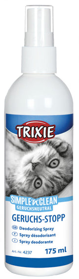 Sprühflasche mit "Trixie" Logo, Katzenbild, blauen und weißen Elementen, die mit "Geruchs-Stopp" und "175 ml" beschriftet ist.
