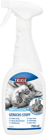 Weiße Sprühflasche mit blauer Beschriftung "Geruchs-Stopp" und Fotos von einem Hund und einer Katze auf dem Etikett.