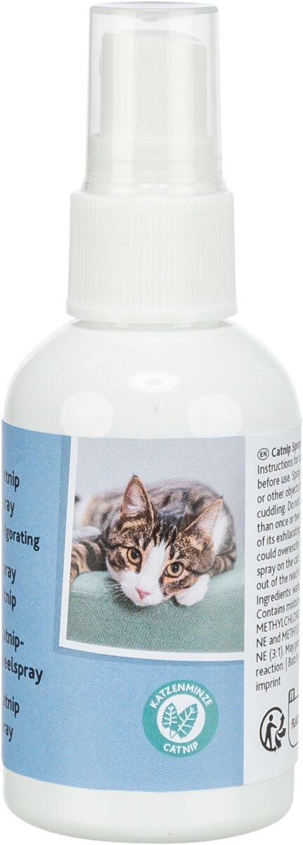 Weiße Sprühflasche mit blauem Etikett zeigt Bild einer Katze und den Text "Katzenminze Catnip".