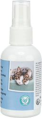 Weiße Sprühflasche mit blauem Etikett zeigt Bild einer Katze und den Text "Katzenminze Catnip".