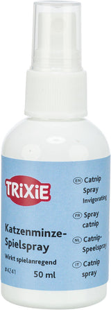 Eine weiße Plastikflasche mit blauem Etikett, "TRIXIE Katzenminze-Spielspray", 50 ml, steht aufrecht.