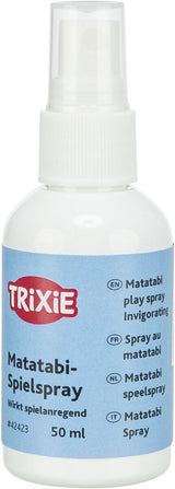 Sprühflasche mit blauem Etikett, beschriftet mit "TRIXIE Matatabi-Spielspray, wirkt spielanregend, 50 ml".