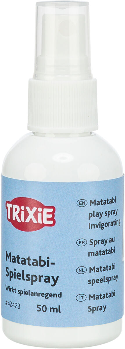 Sprühflasche mit blauem Etikett, beschriftet mit "TRIXIE Matatabi-Spielspray, wirkt spielanregend, 50 ml".