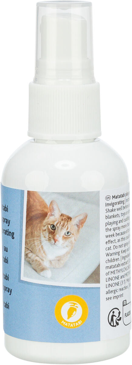 Sprühflasche mit weißem Deckel, blauem Etikett, Abbildung einer Katze und Text in verschiedenen Sprachen.