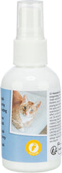 Sprühflasche mit weißem Deckel, blauem Etikett, Abbildung einer Katze und Text in verschiedenen Sprachen.