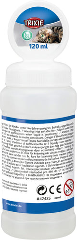 Durchsichtige Flasche mit weißem Deckel, Etikett zeigt eine Katze, das Wort "TRIXIE", Catnip-Symbol und 120 ml.