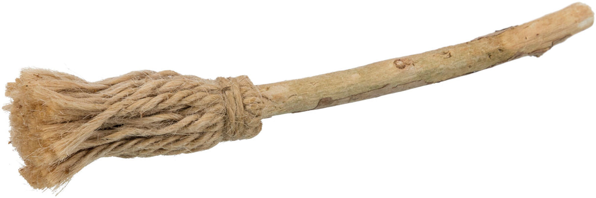 Ein kurzer, runder Stock mit rauer, faseriger Spitze und strukturiertem Seil aus hellbraunem Material.
