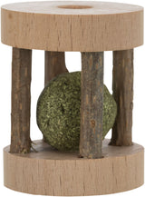 Holzspielzeug mit grüner Ballkugel in der Mitte, umgeben von vier Holzstäben auf zwei runden Platten.