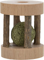 Holzspielzeug mit grüner Ballkugel in der Mitte, umgeben von vier Holzstäben auf zwei runden Platten.