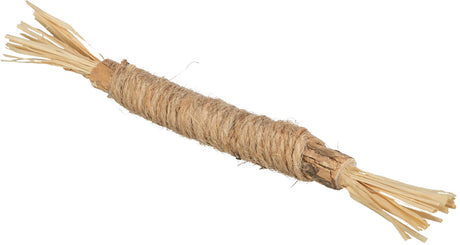 Gebündelte, natürliche Fasern umwickeln einen zentralen Holzstab mit herausragenden Enden aus hellen Naturfasern.
