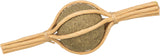 Brauner Ball aus pflanzlichem Material, umwickelt mit hellbraunen gedrehten Schnüren.