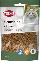 Eine Packung mit braunen Katzenleckerlis der Marke Trixie, Geschmacksrichtung Huhn, ohne Zuckerzusatz, glutenfrei.