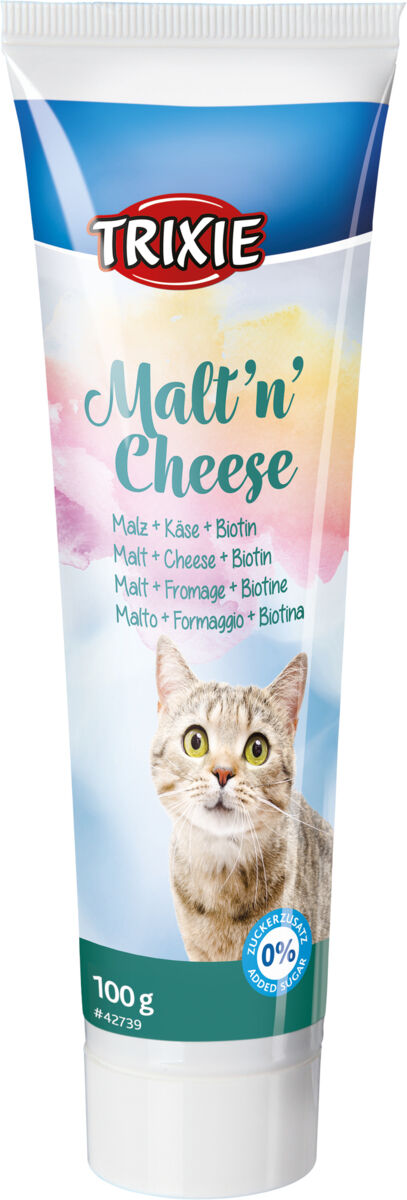 Eine bunte Tube mit der Aufschrift "Malt’n’Cheese" zeigt eine Katze, enthält 100 g und keinen Zuckerzusatz.