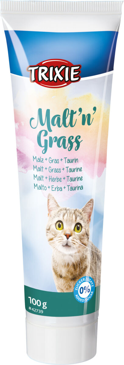 Trixie Katze Paste "Malt’n’Grass" 100g mit Malz, Gras, Taurin, bunte Verpackung, ohne Zuckerzusatz.