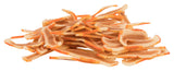 Ein Stapel orange und cremefarben gestreifter Streifen, die wie getrocknete Frucht- oder Gemüsestücke aussehen.