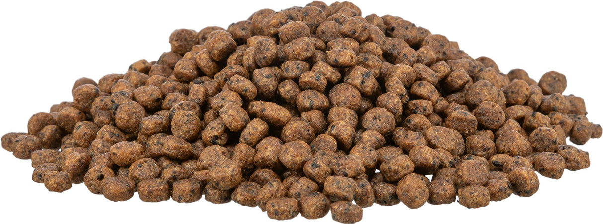 Ein Haufen brauner, runder Pellets dicht aneinanderliegend auf weißem Hintergrund.