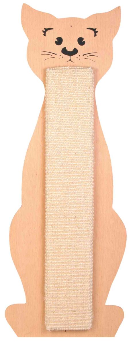Katzenförmiges Brett mit beigefarbener Kratzfläche und schwarzem Katzengesicht, aus hellem Holz.
