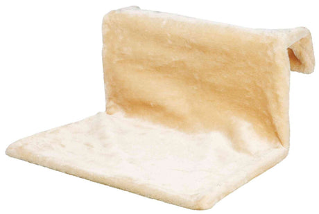 Beige, plüschige Liegematte mit umklappbarem Rand auf weißem Hintergrund.