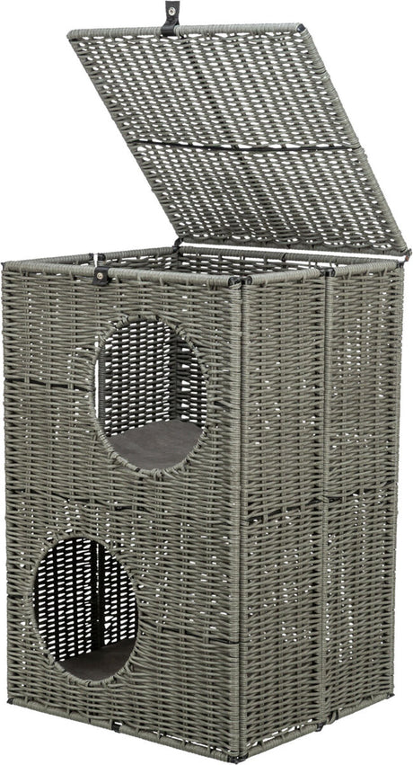 Grauer geflochtener Korb mit zwei runden Öffnungen und einem aufklappbaren Deckel aus gleichem Material.