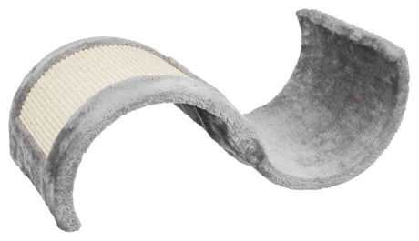 Grau-weißes, gewölbtes Kratzbrett, teils texturiert, aus weichem Material für Haustiere.