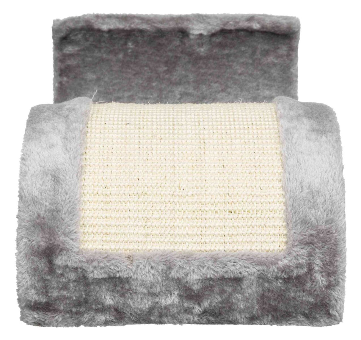 Kompakter Kratzblock mit beigem Sisal in der Mitte und weichem grauen Rand aus Plüschmaterial.