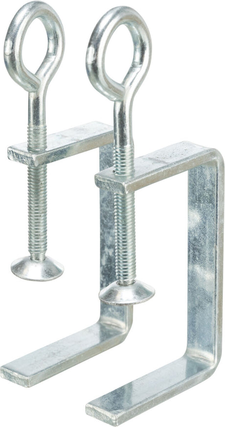 Zwei silberne Metall-Schraubklemmen mit Ösen sind in einem L-förmigen Design dargestellt.
